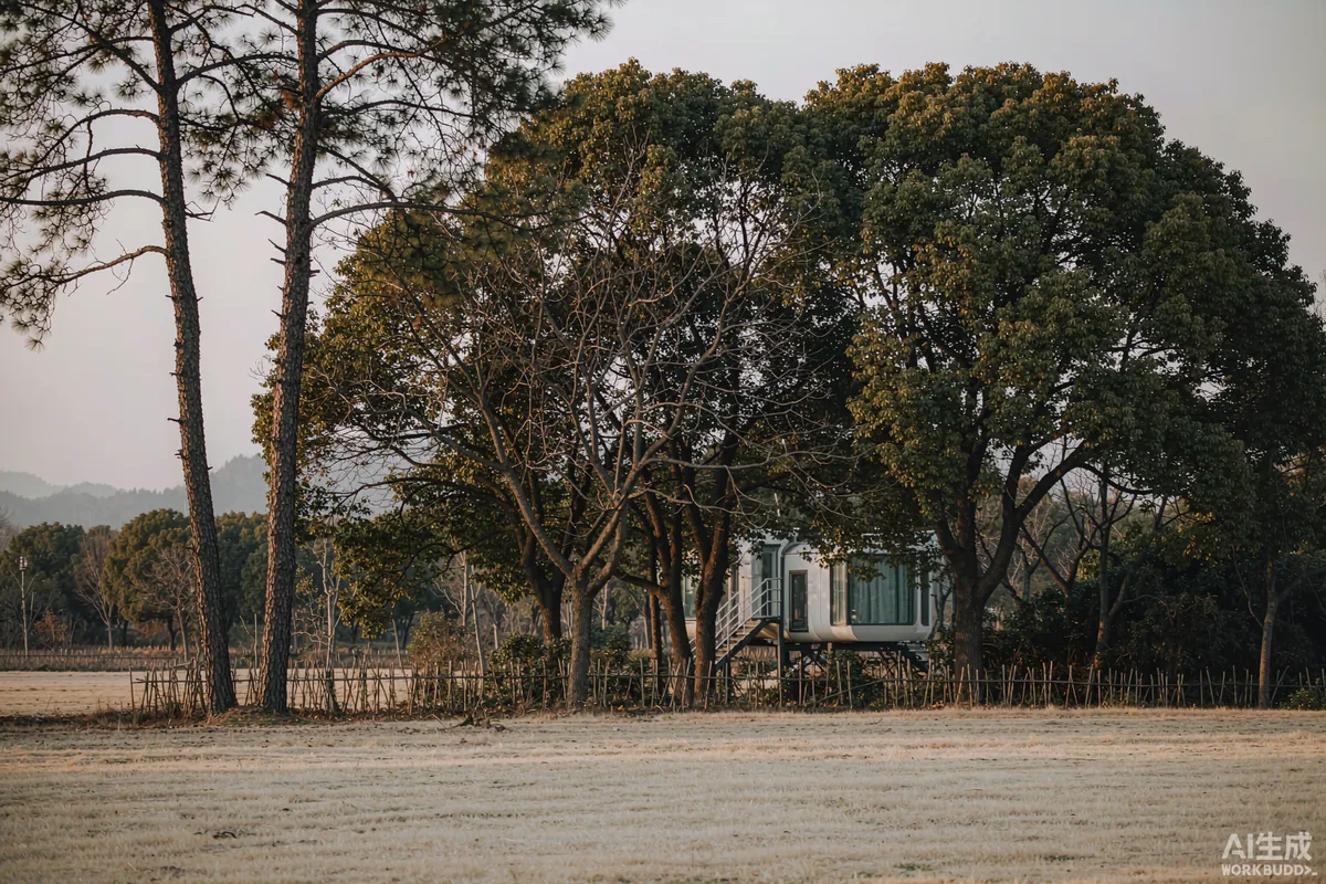 Prefab capsule home set discreetly behind a row of mature trees at the boundary of a rural field