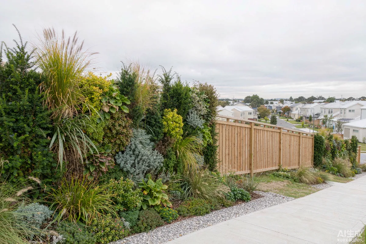 Planted boundary screen and timber fence line separating a capsule home park from neighbouring houses in the distance