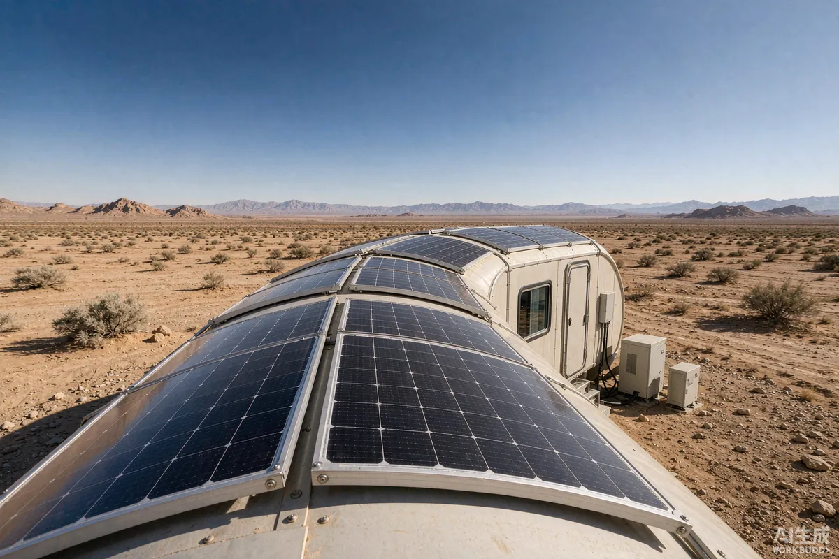 Off-grid capsule home with rooftop solar panels in a desert landscape