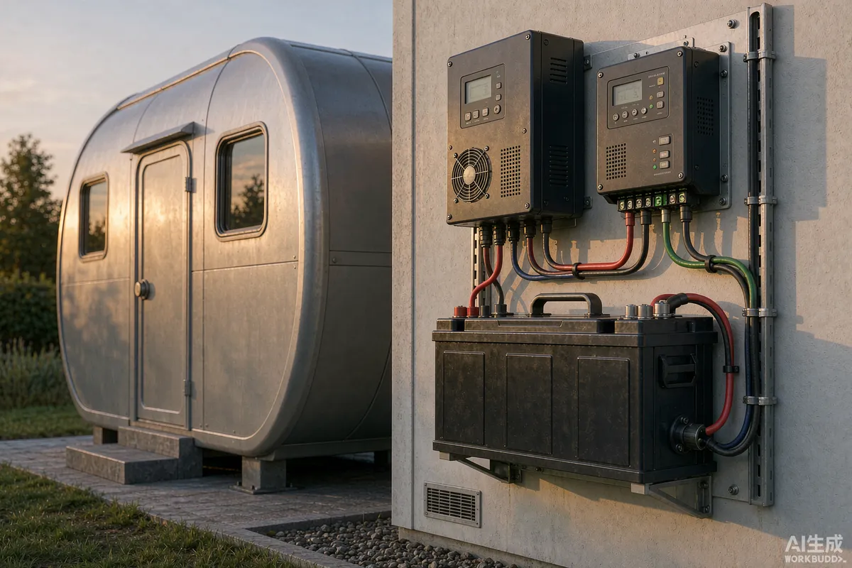 Solar inverter and battery bank mounted beside a capsule home