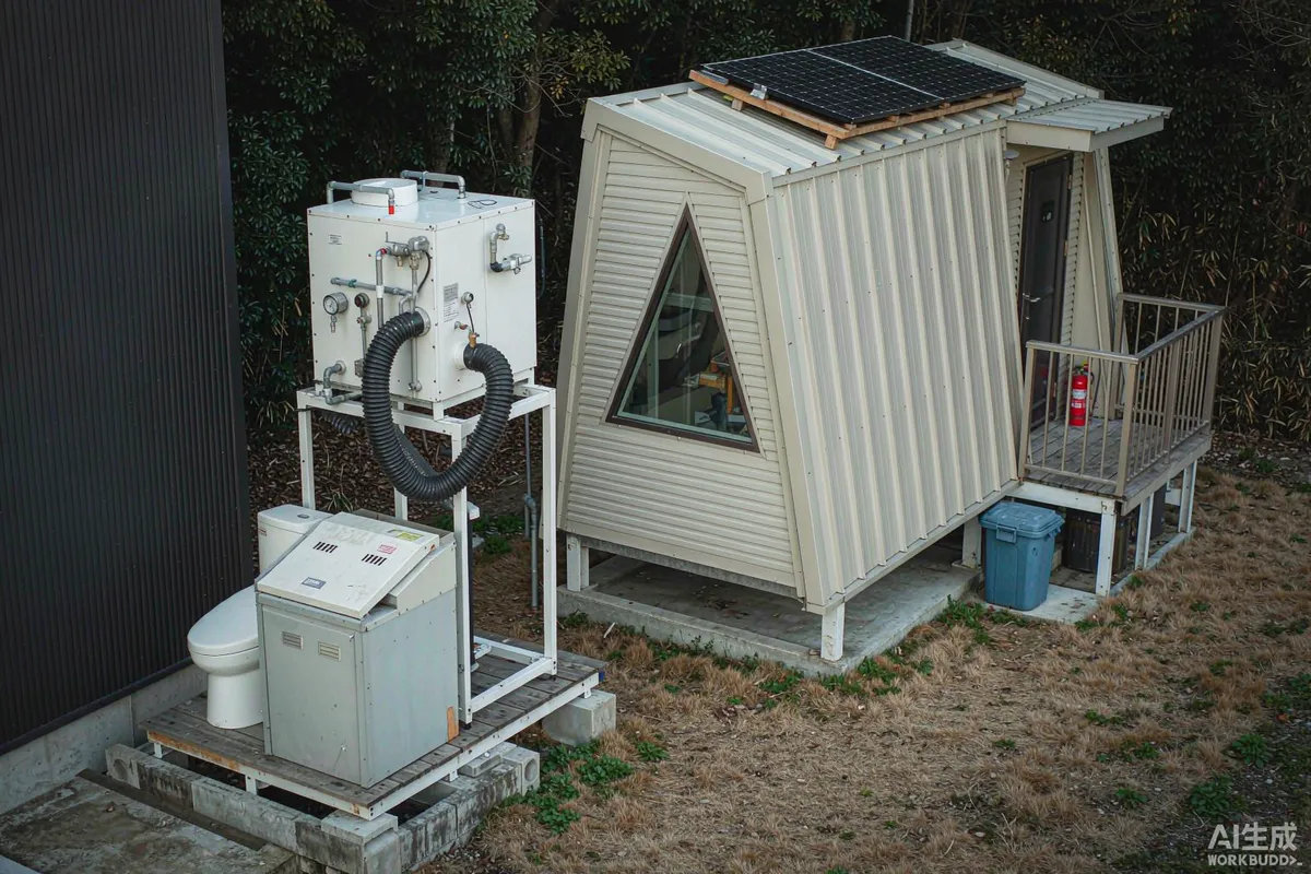 Water tank and composting toilet utility module behind a capsule home