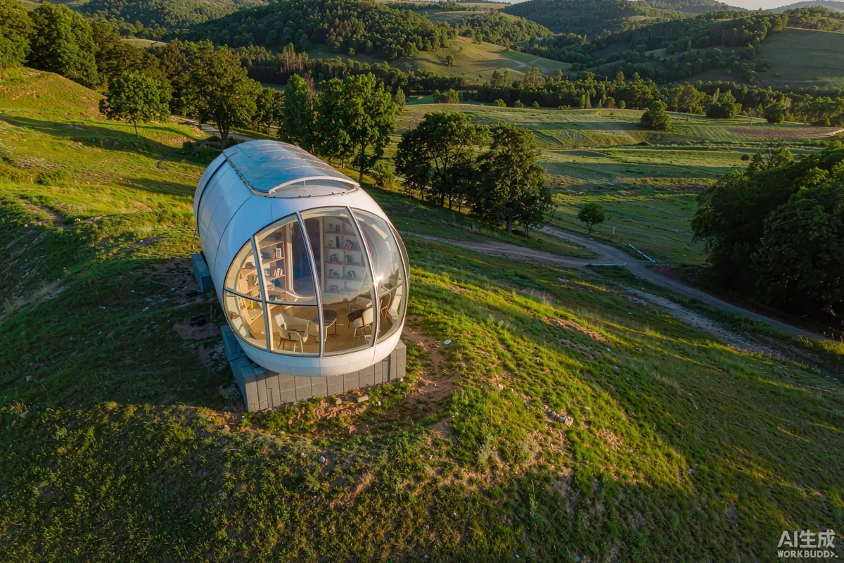 Aerial view of a prefab capsule home on a grassy slope with panoramic glazing facing a wide valley in late afternoon sun