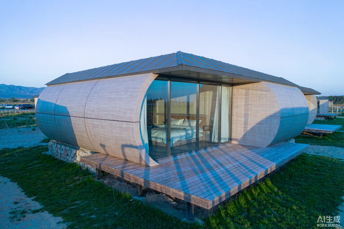 Capsule home in early morning with low sun striking the panoramic glazing and long shadows across a timber deck