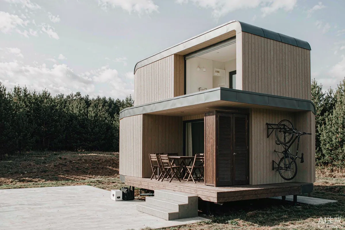 Prefab capsule home with a covered outdoor gear storage cabinet and wall-mounted bicycle rack beside the entrance deck