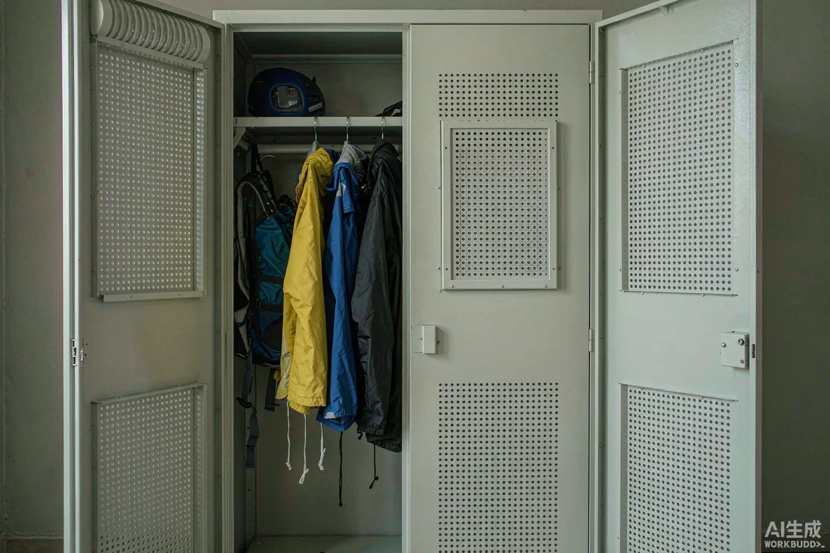 Open door of a ventilated metal gear locker with hooks and shelves holding outdoor jackets, helmets and dry bags