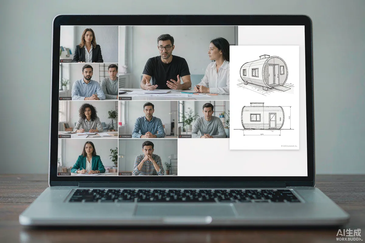 Video conference on a laptop showing an overseas factory team discussing capsule home drawings