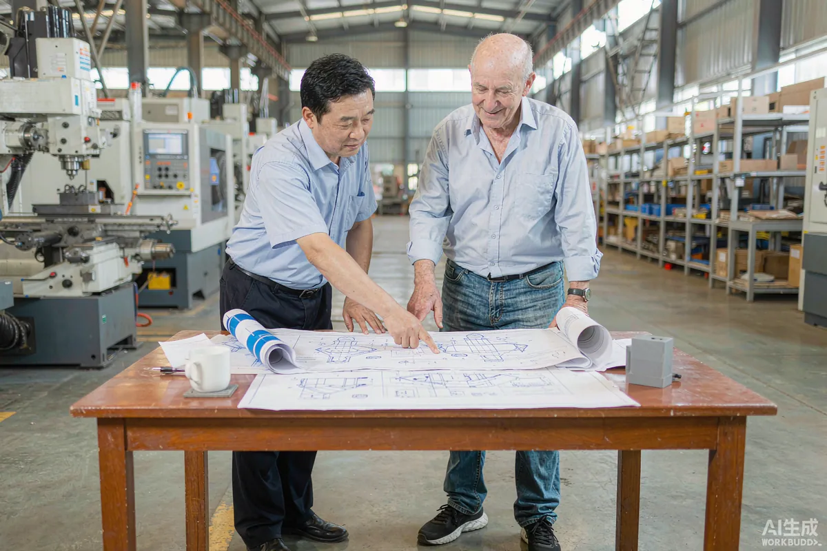 Factory engineer and an overseas buyer reviewing printed production drawings on a workshop table