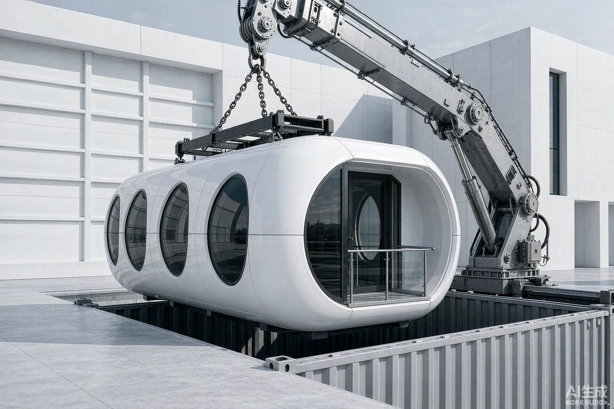 Finished capsule home being loaded into an open shipping container at a factory yard