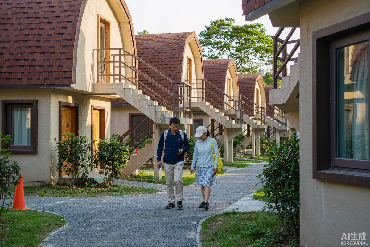 Maintenance worker and housekeeper walking between prefab capsule homes along a gravel resort path
