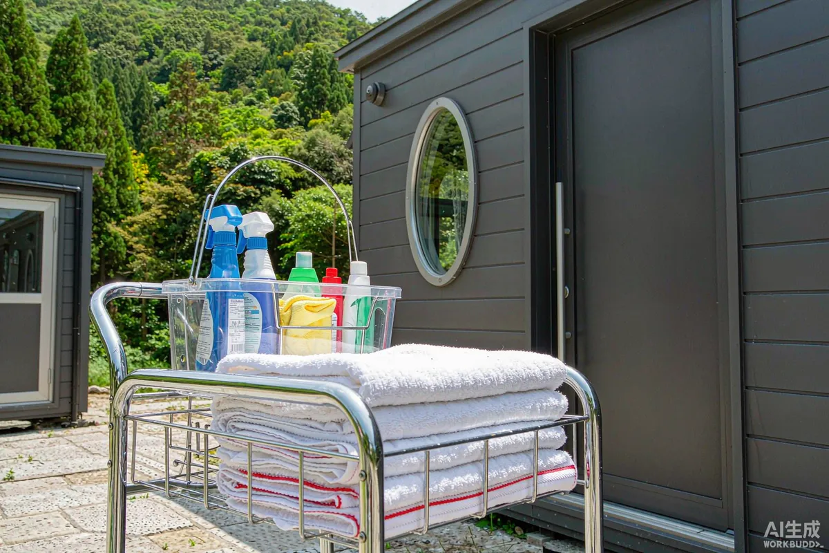 Housekeeping cart with folded linens and cleaning supplies outside a capsule home entrance