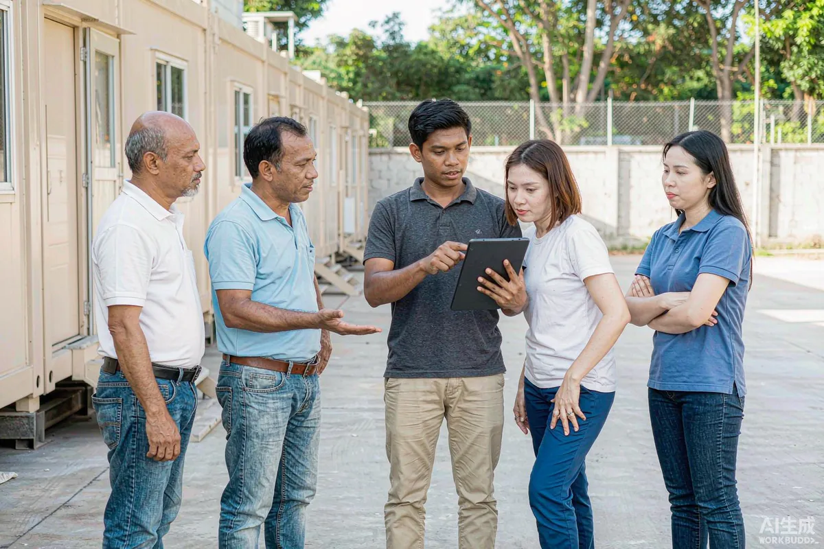 Small site operations team reviewing a tablet schedule outdoors near prefab cabins