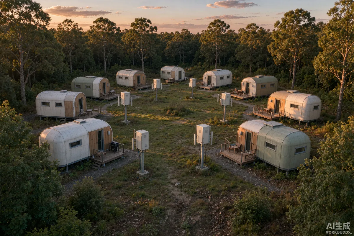Small capsule home park in a forest clearing with compact outdoor wireless enclosures mounted on short poles
