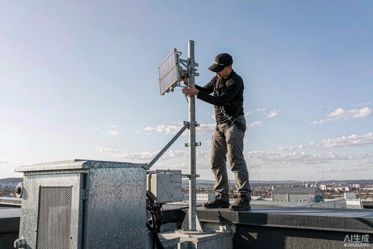 Technician aligning a small directional outdoor wireless antenna toward another building across a valley