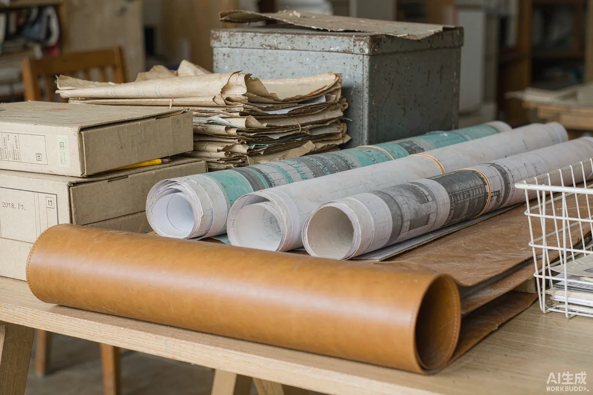 Rolled site drawings and permit folders on a municipal planning counter