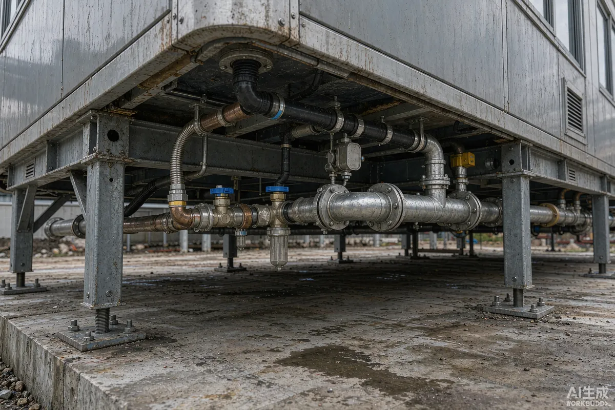 Utility connections beneath a prefab capsule home showing plumbing and conduit