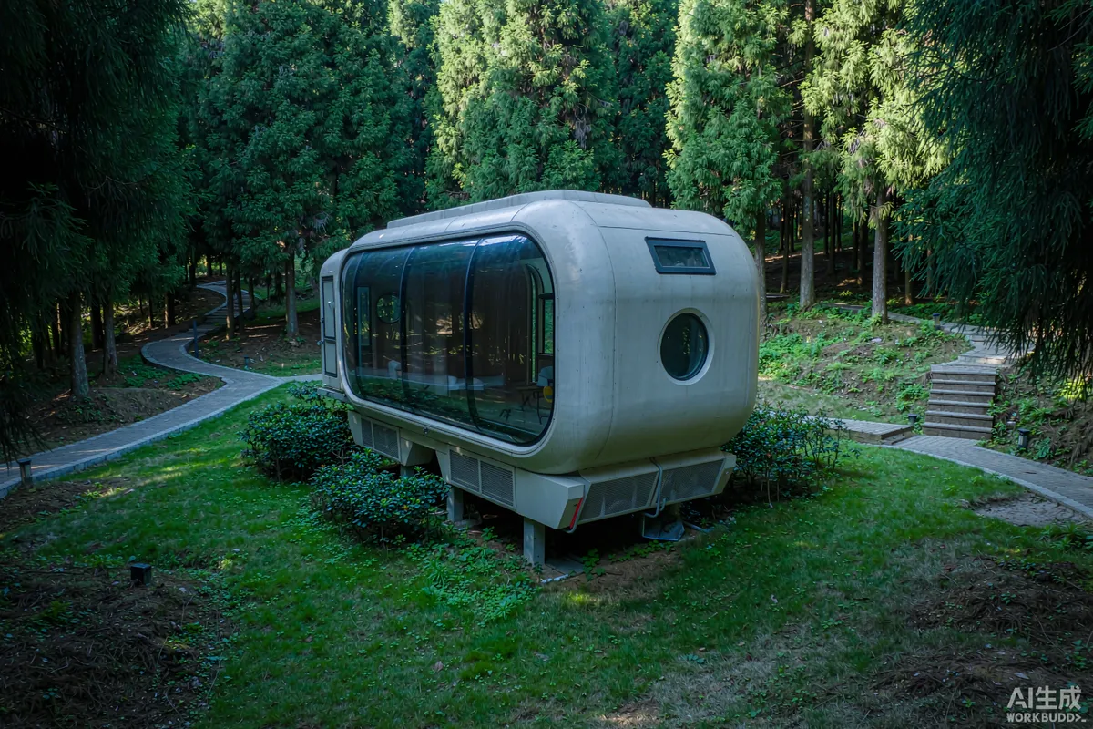 Prefab space capsule home raised on piers in a forest clearing with mesh screens over underside vents