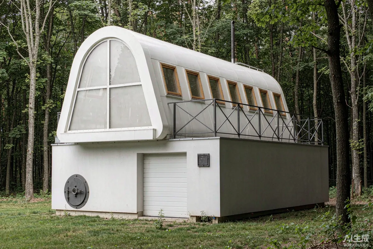 Sealed waste bin store and neatly sealed utility penetration beneath a prefab capsule home in a woodland setting