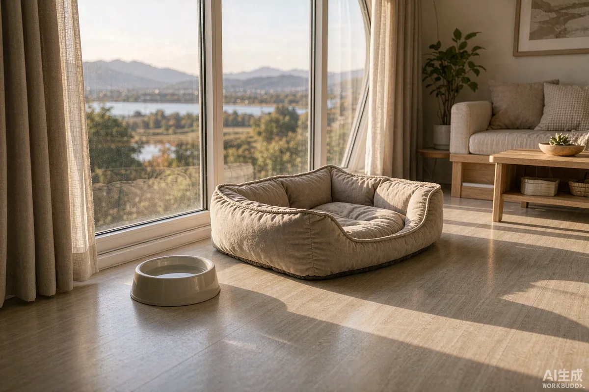 Capsule home rental interior with a dog bed near a panoramic window and a water bowl on a durable floor