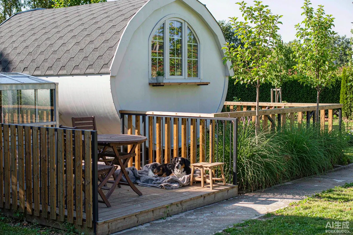 Small fenced deck area beside a prefab capsule home with a dog resting on the boards