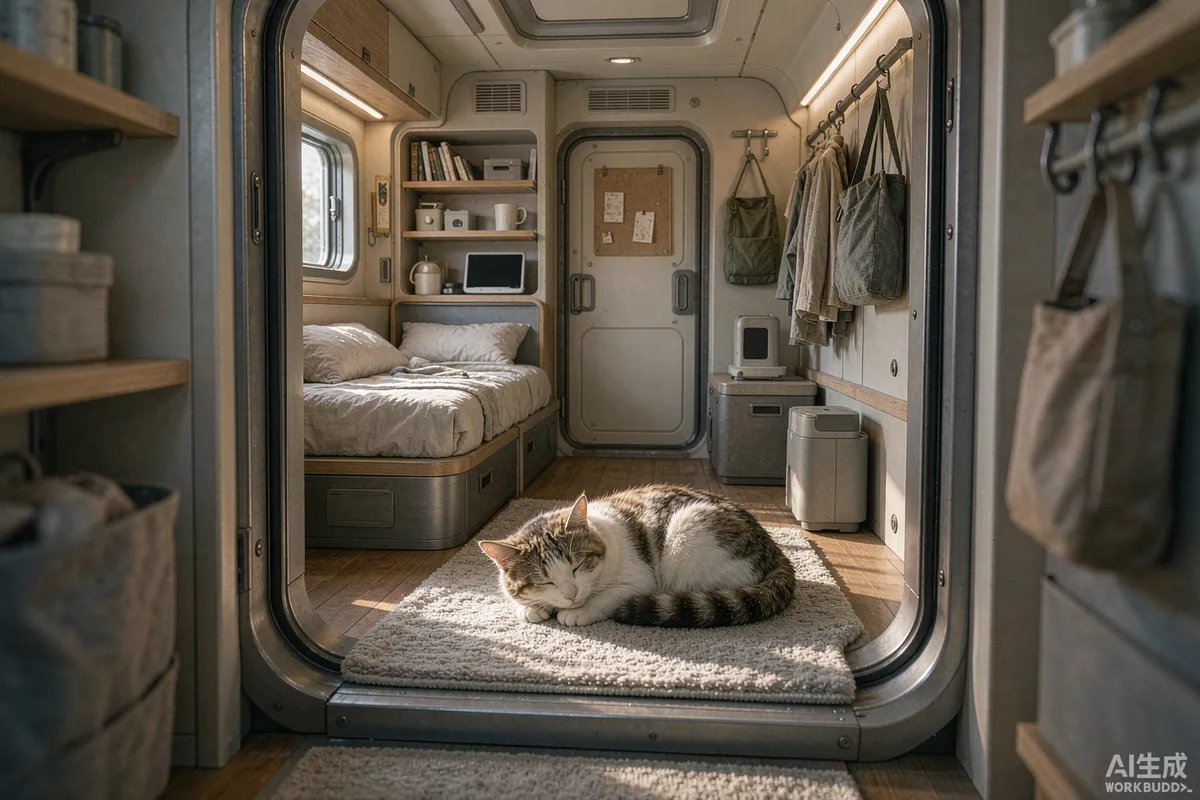 Cat sleeping on a washable rug near the doorway of a capsule home interior