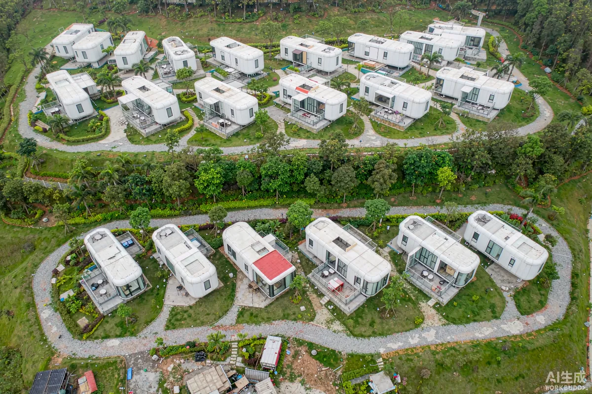 Aerial view of a capsule home resort in two development phases with new units beside established ones