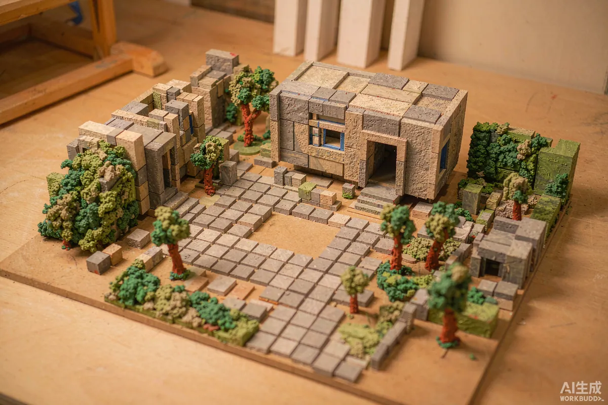 Physical site model of a phased capsule home layout with unit blocks, paths and landscape