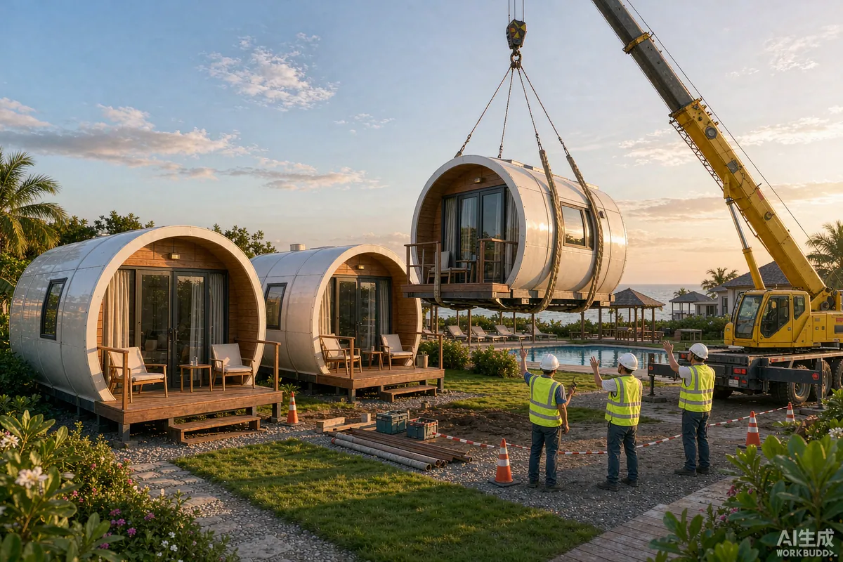 Crane placing an additional capsule home beside two existing units on a resort site