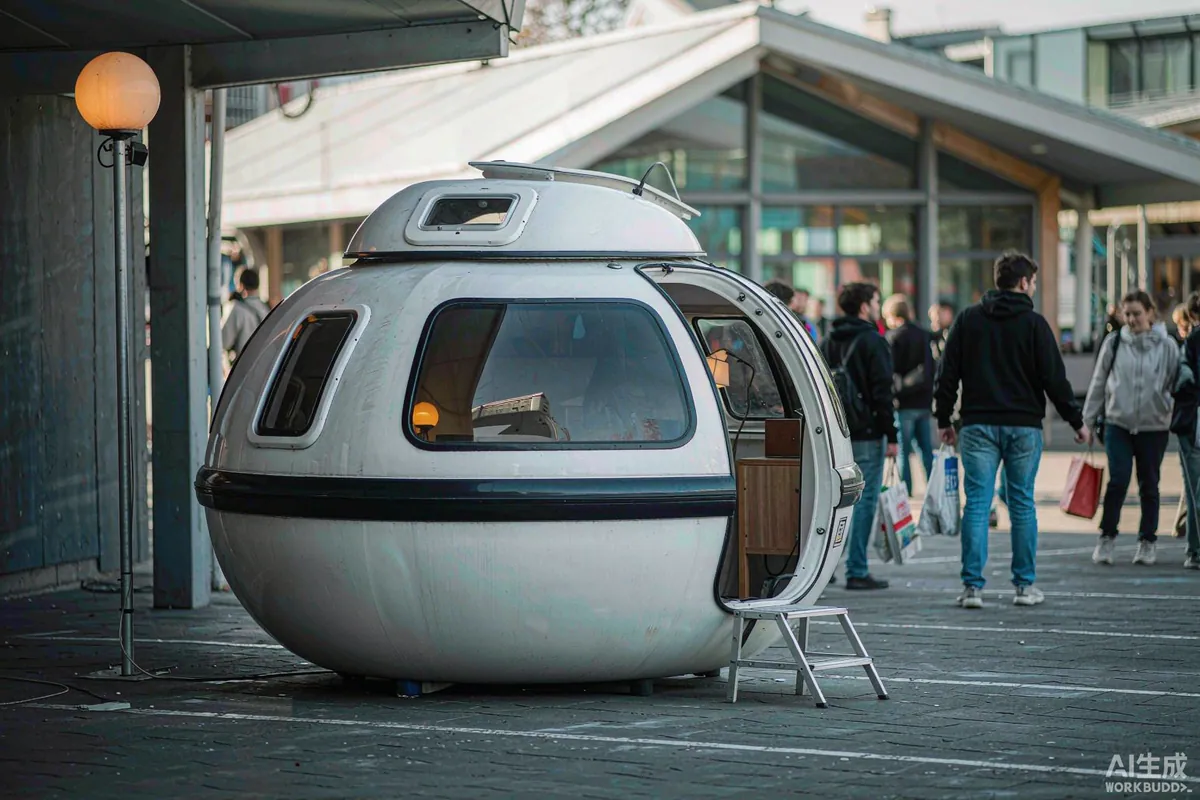 Space capsule house used as a temporary pop-up kiosk on a city plaza with its serving hatch open