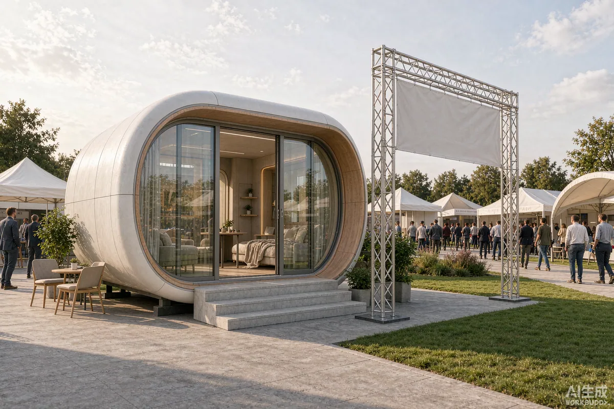 Capsule house placed at an outdoor trade fair as a display booth beside a banner frame