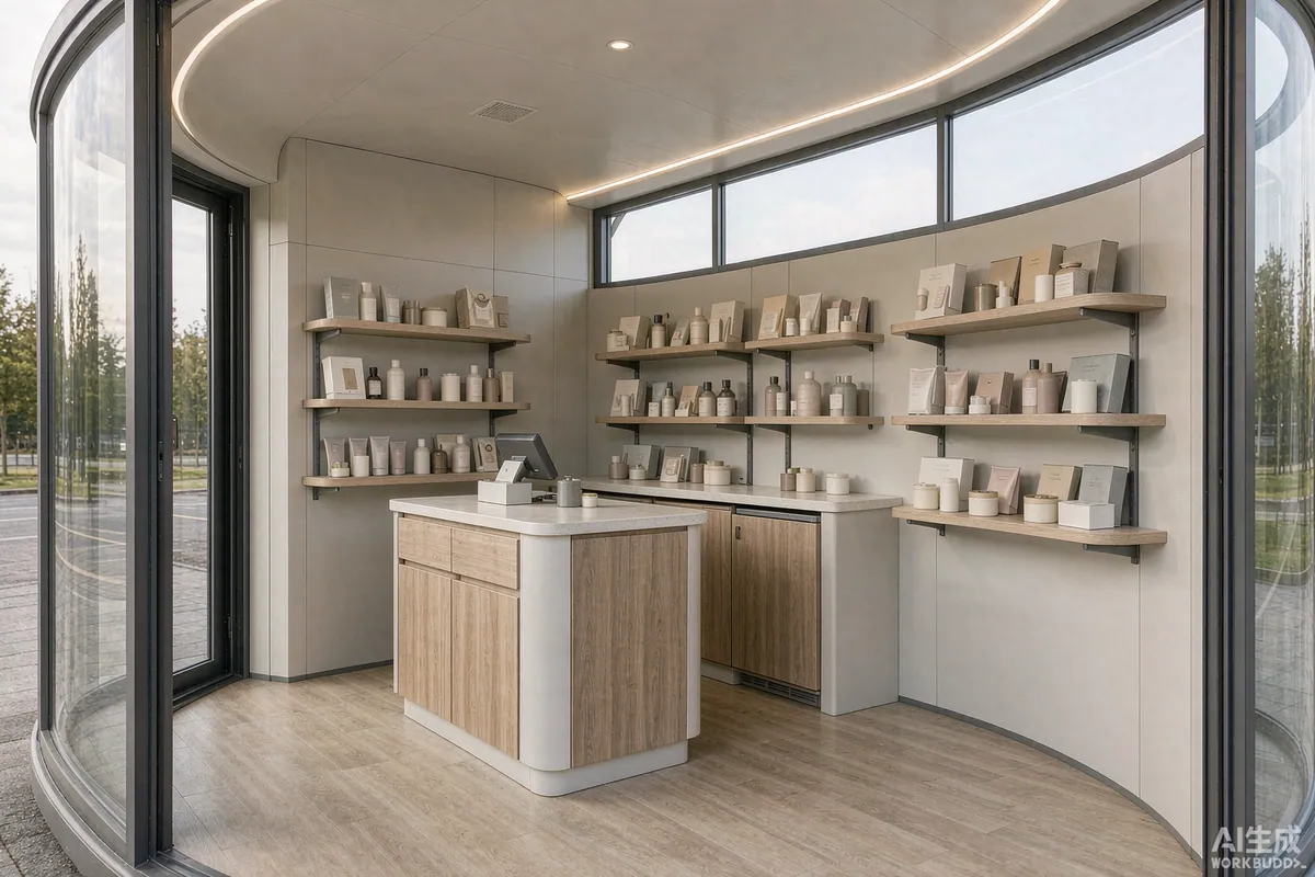 Service counter and display shelving fitted inside a capsule home used as a mobile shop