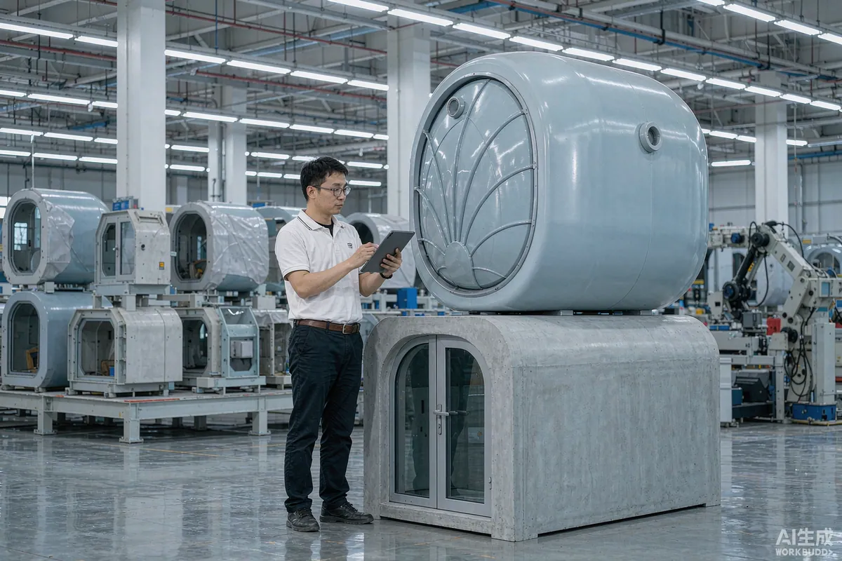 Quality inspector with a tablet examining interior finishes of a prefab capsule home in a factory bay