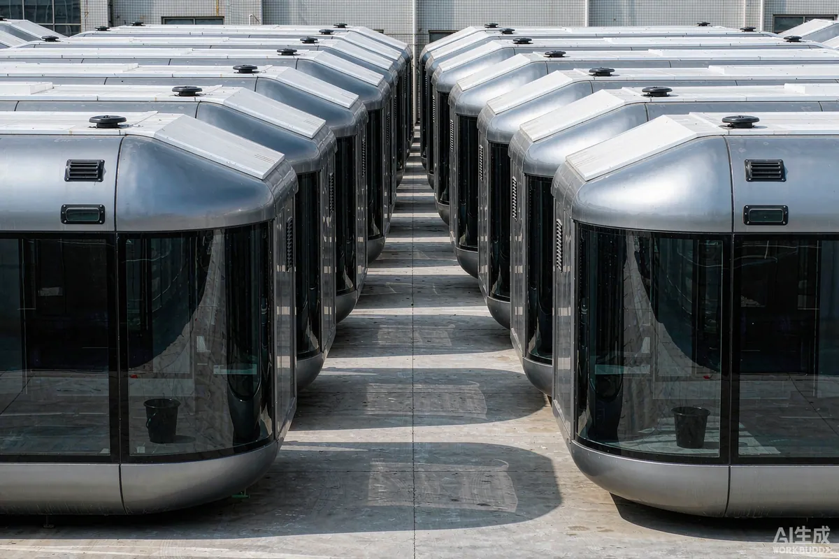 Completed capsule homes lined up in a factory yard ready for container loading