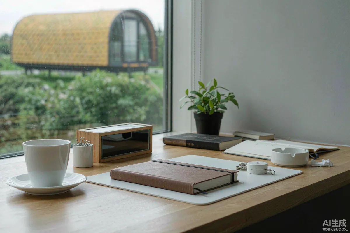 Seasonal planner on a wooden desk with a capsule home visible outside the window