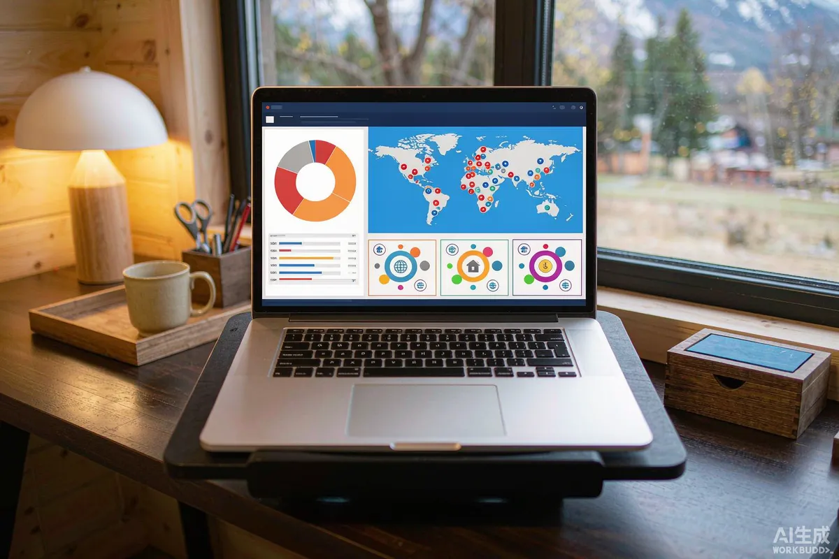 Laptop showing a booking occupancy dashboard in a cozy cabin office