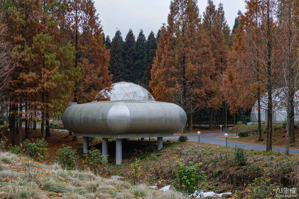Prefab capsule home among turning trees on a quiet resort in autumn