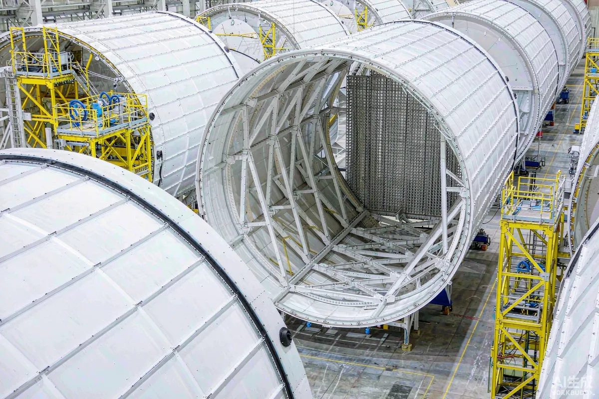 Factory floor with several space capsule home modules at different build stages under overhead industrial lighting