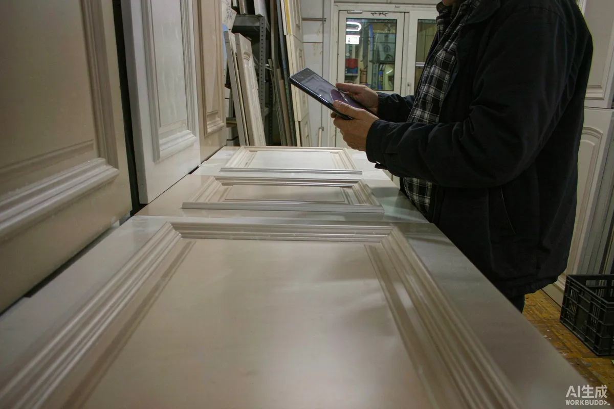 Factory worker photographing a finished interior wall panel with a tablet