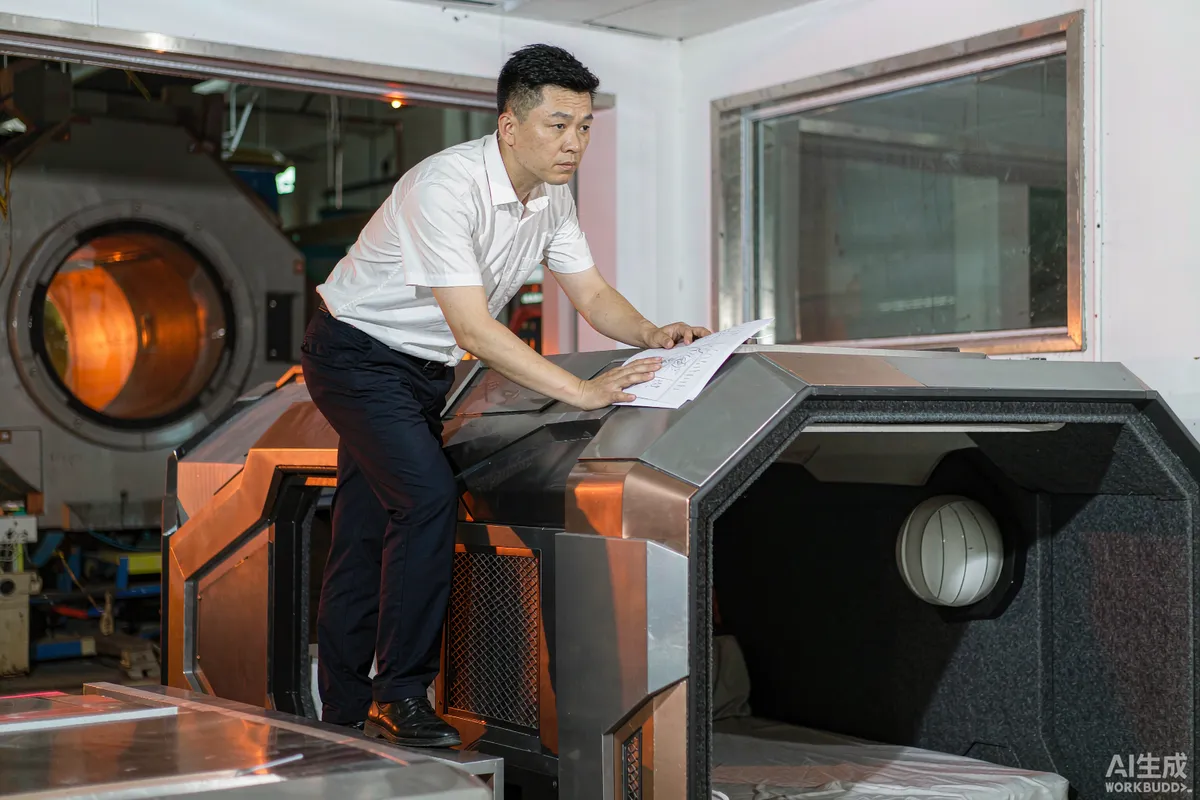 Production supervisor reviewing printed checklists beside a partly finished prefab capsule unit