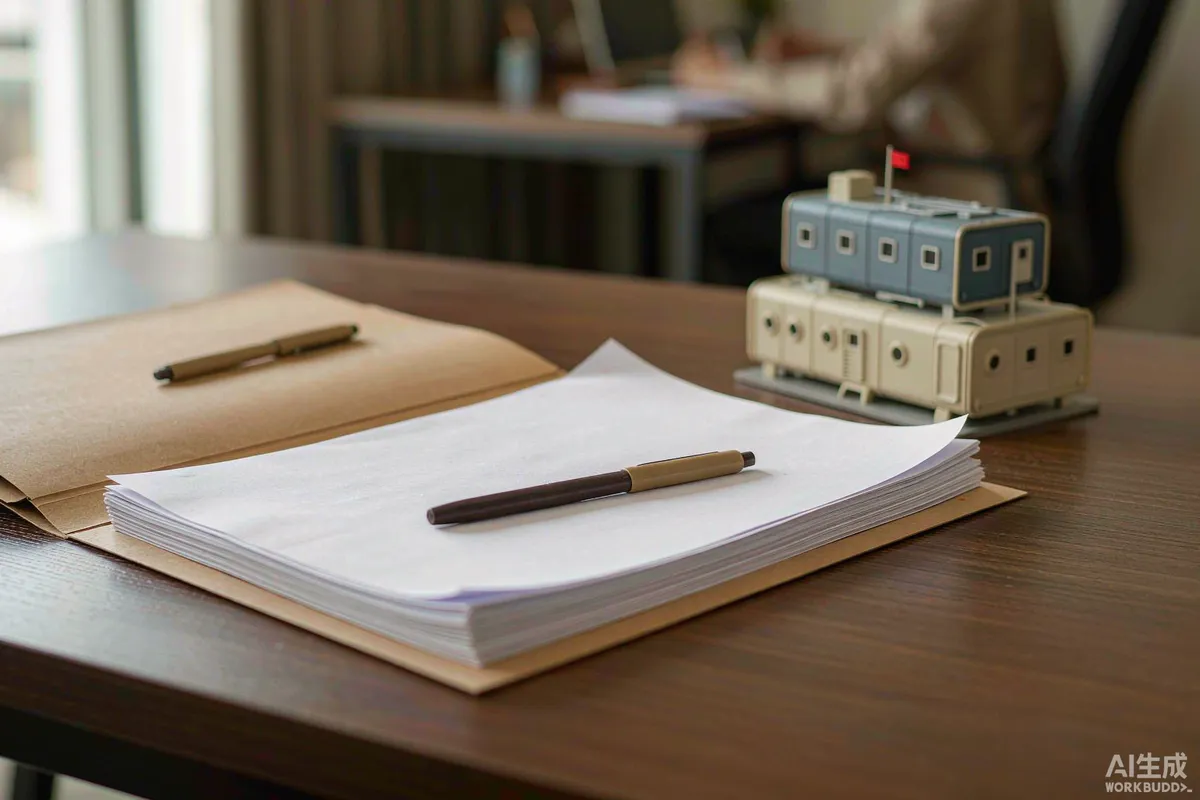 Contract folder with blank document pages, a pen and a small prefab capsule home model on a desk