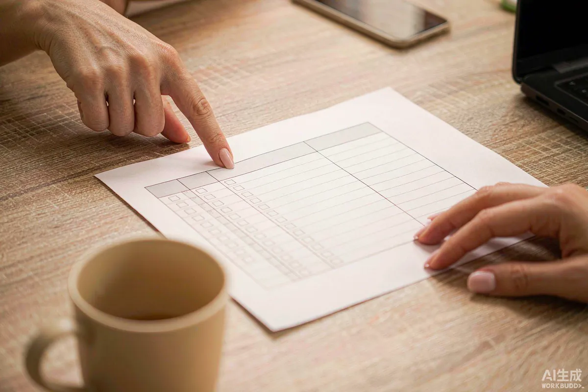 Two hands reviewing a specification checklist at a meeting table