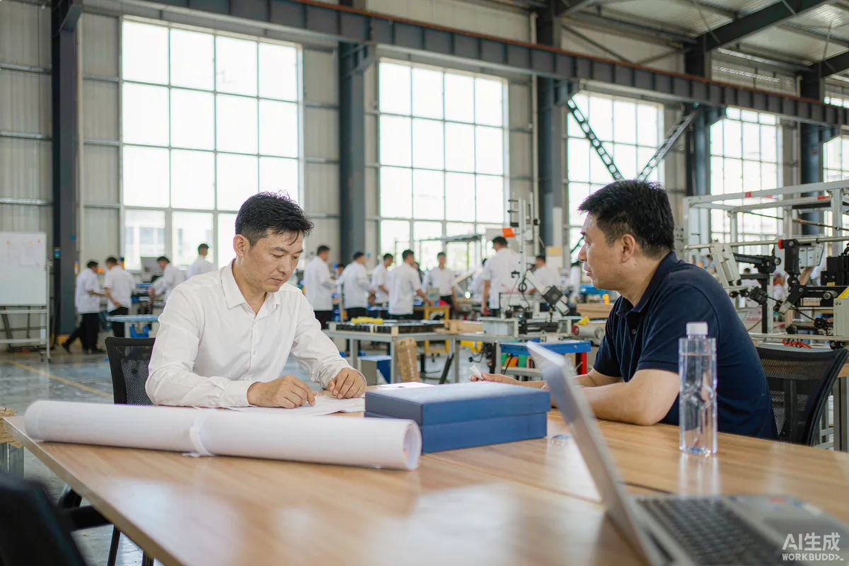 Buyer and supplier representative at a factory conference table with drawings