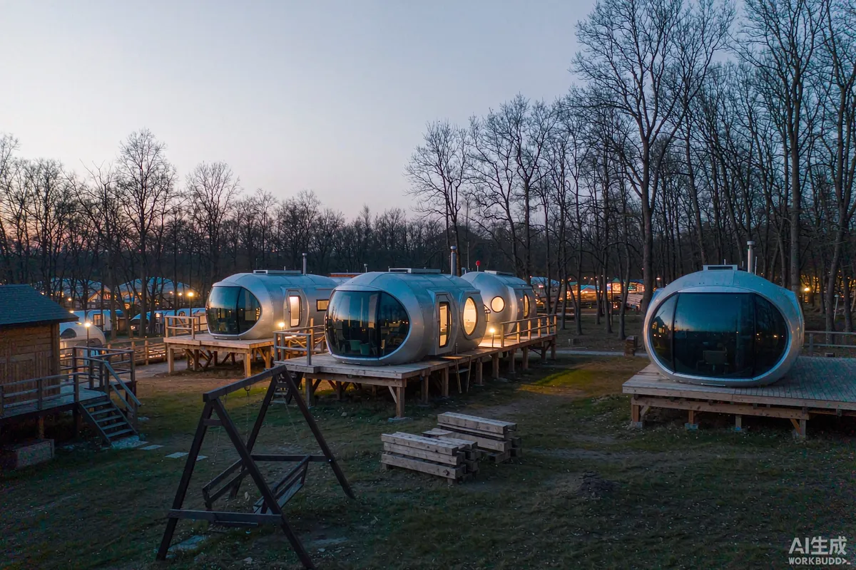 Several space capsule homes on a wooded resort site at dusk with warm interior lights glowing through panoramic glass