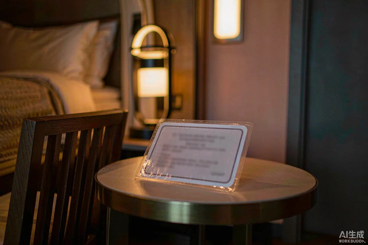 Laminated quiet hours notice card on a side table inside a capsule home in evening lamp light