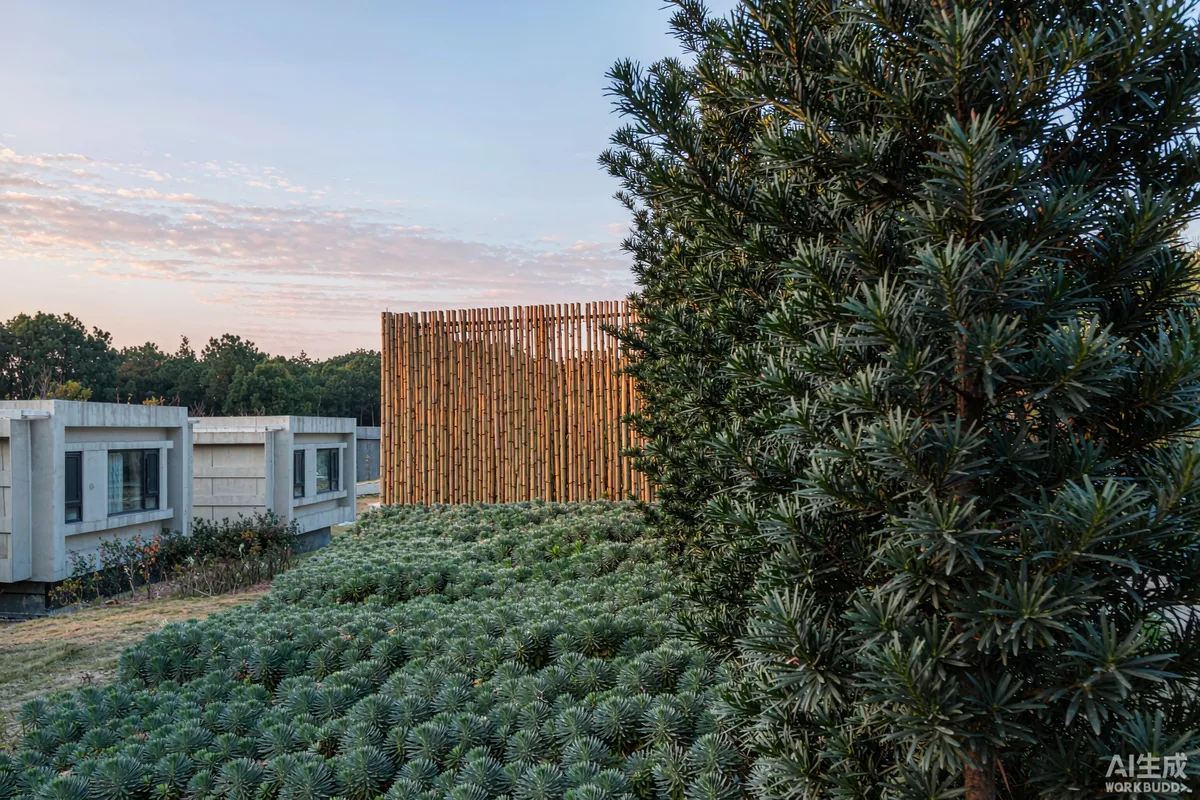 Planted evergreen berm and timber screen between two prefab capsule units on a campground in morning light