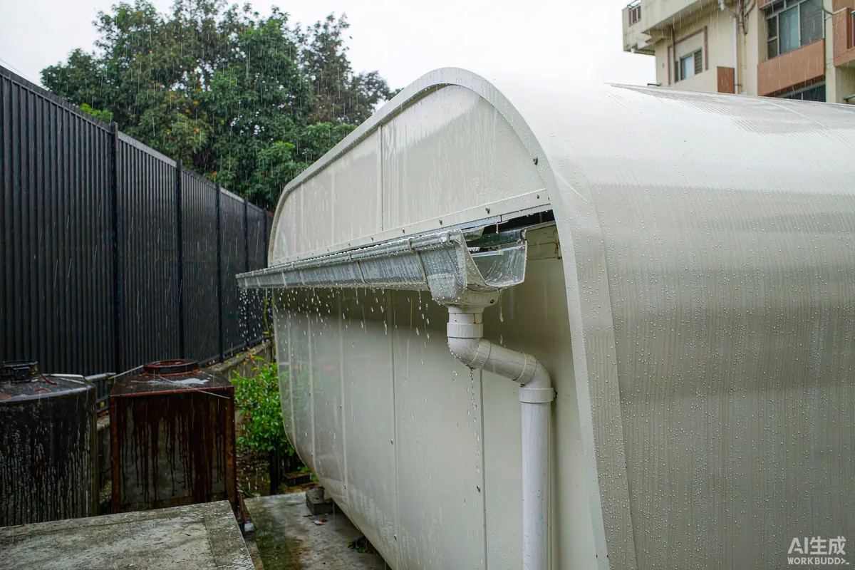 Rain falling on the curved roof of a space capsule home with water running into a downpipe and storage tank