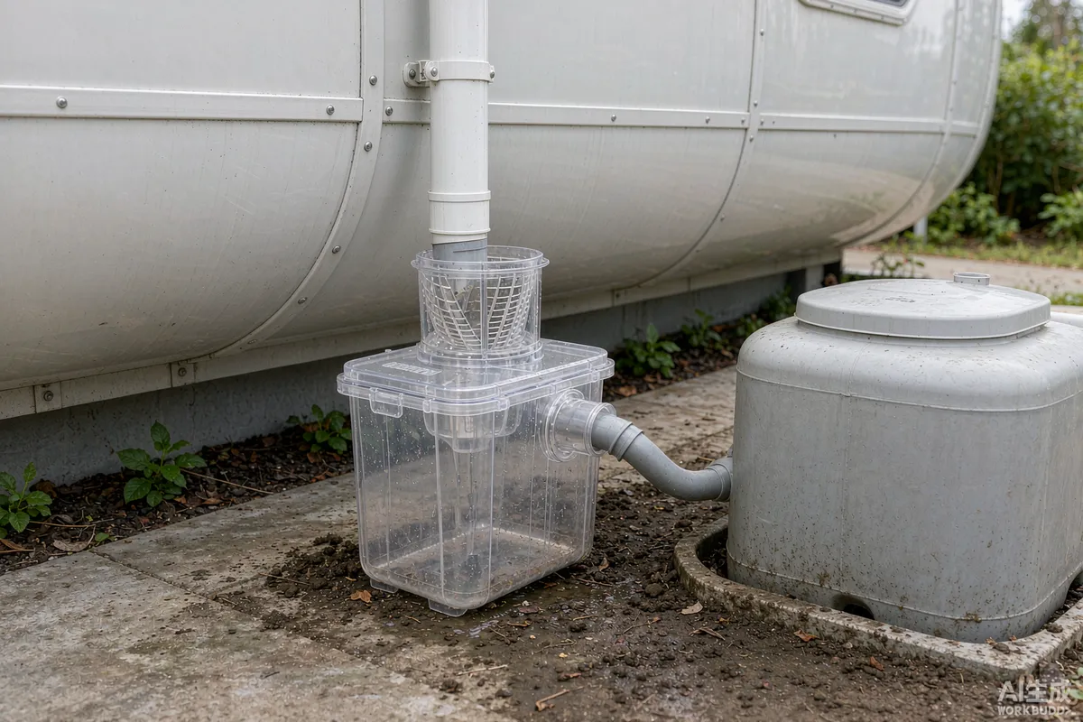 First flush diverter and leaf screen installed at the base of a capsule home downpipe beside a storage tank