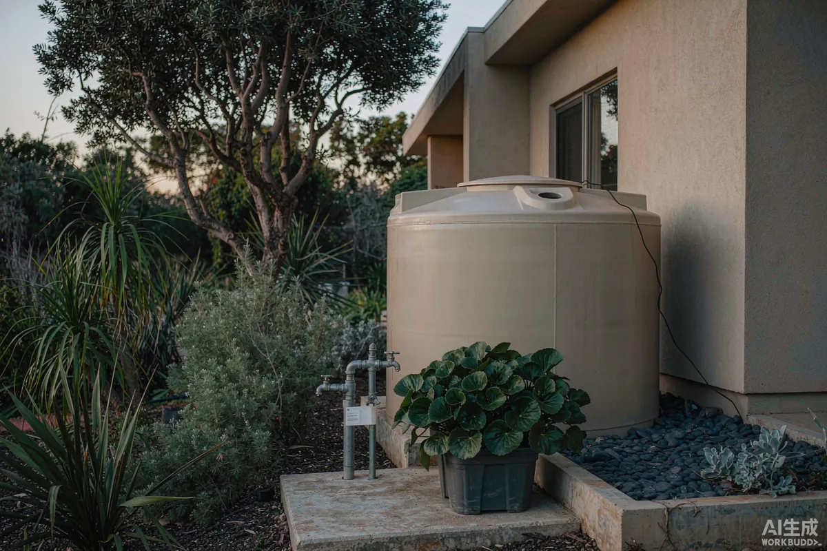 Shaded rainwater storage tank serving a capsule home with a labelled non-potable outdoor tap