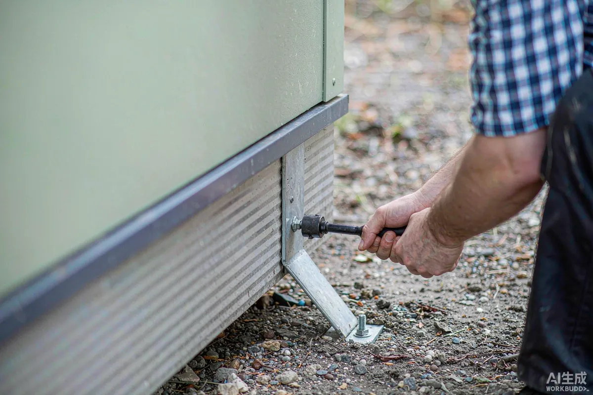 Adjustable steel support feet and anchor bolts at the base of a capsule home being unbolted