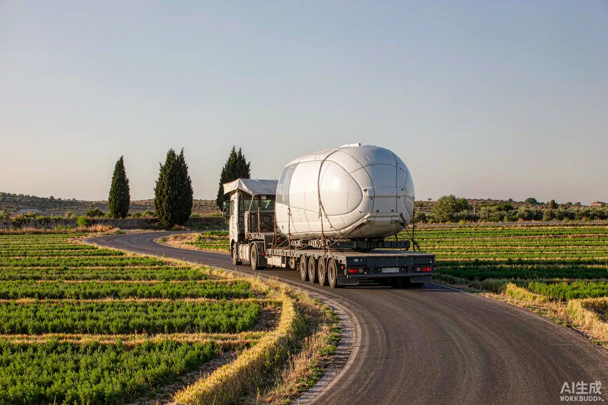 Flatbed truck transporting a white prefab capsule home along a rural road