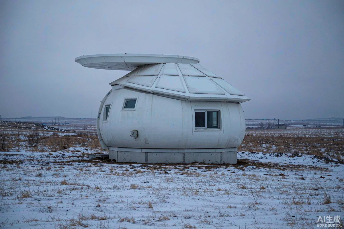 Space capsule home on an empty remote site in winter with a small external sensor box mounted on the wall